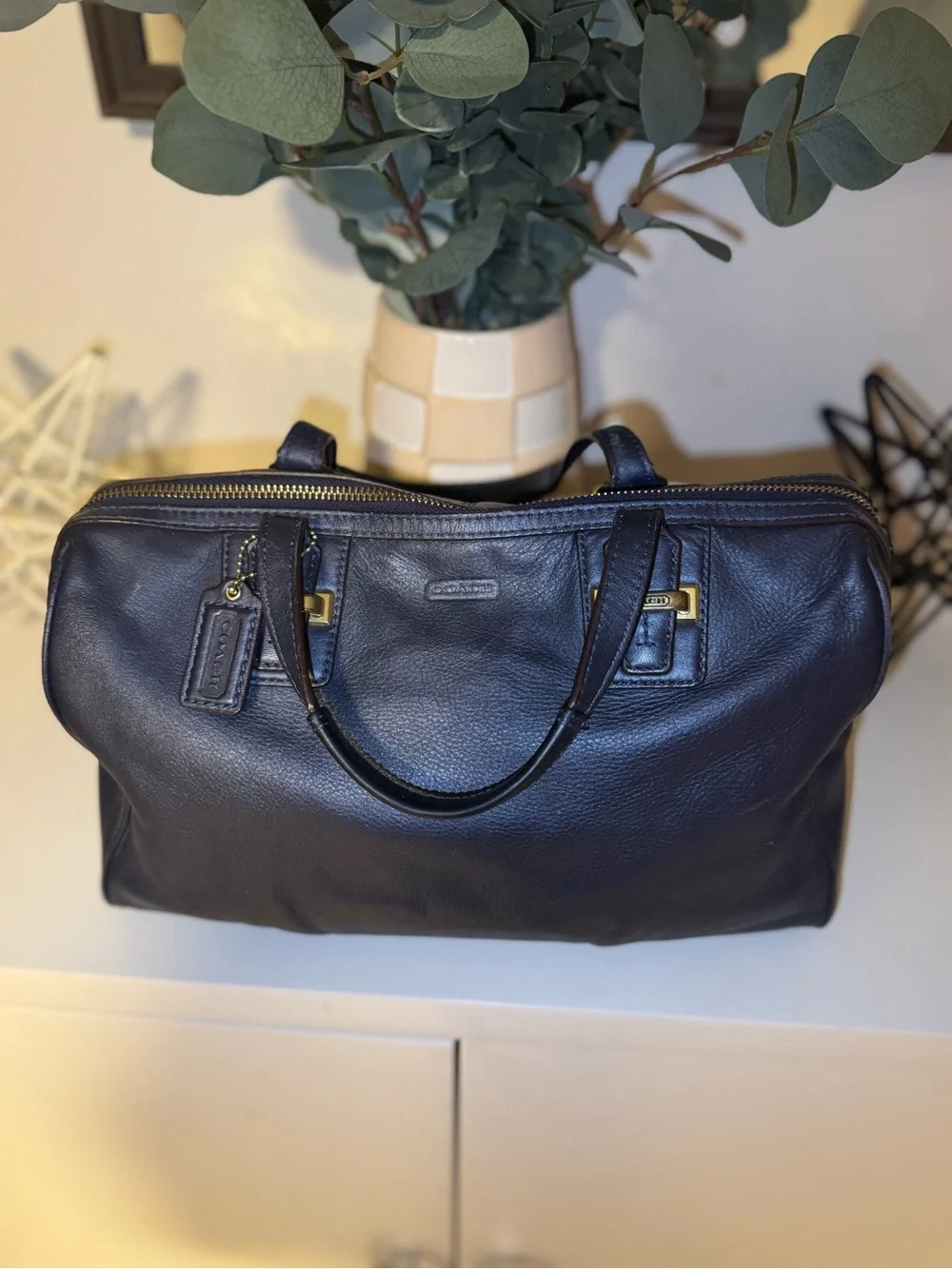 Coach Navy Leather Satchel with Gold Hardware